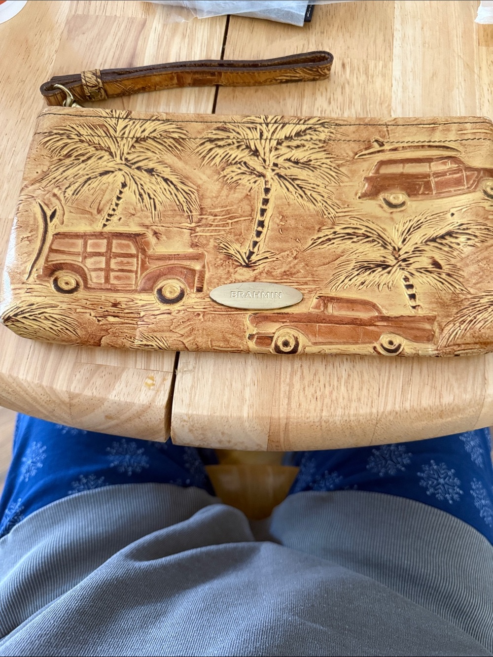 Brahmin Embossed Palm Tree & Vintage Car Wristlet - Tan Brown rare